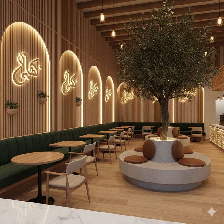 Lit arches with Arabic calligraphy along the seating wall