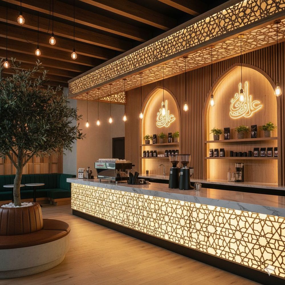 Coffee bar with a glowing geometric lattice counter