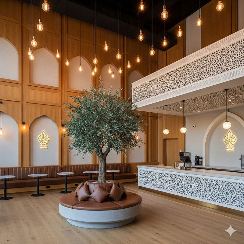 Double-height hall with an olive tree and pendant lights