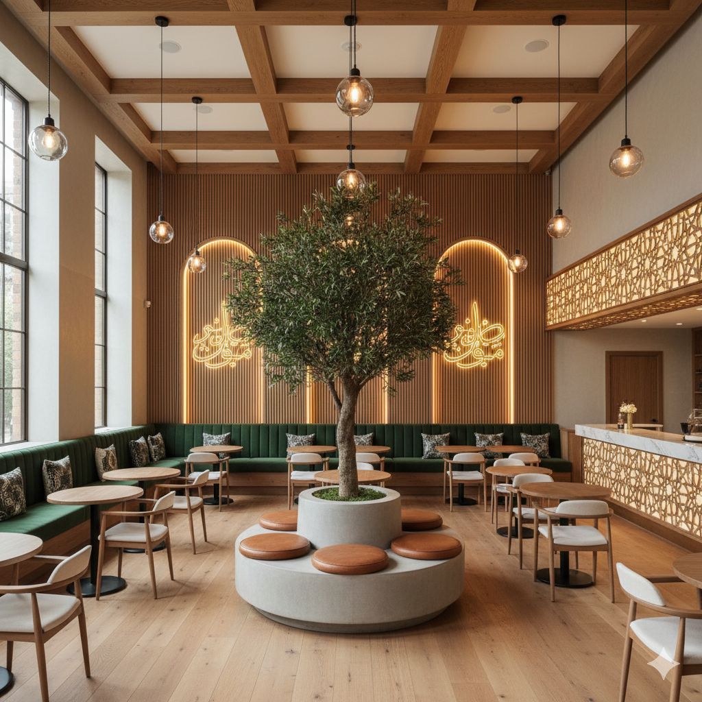 Dining room with green banquettes, glowing arches and an olive tree