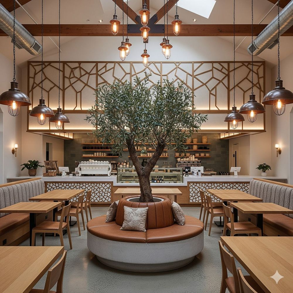 Round leather seating around an olive tree inside the café
