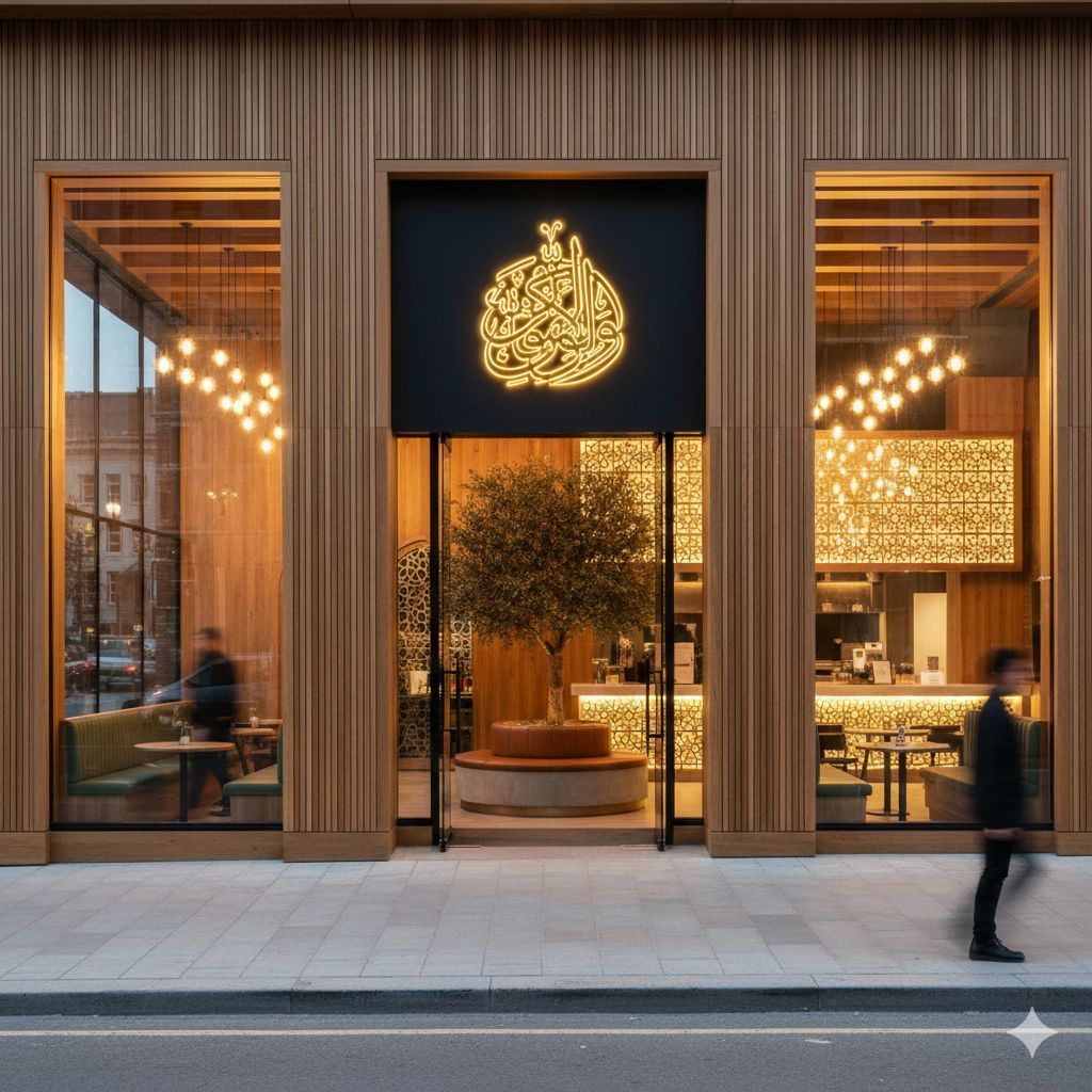 Qanoon storefront at dusk with warm lighting